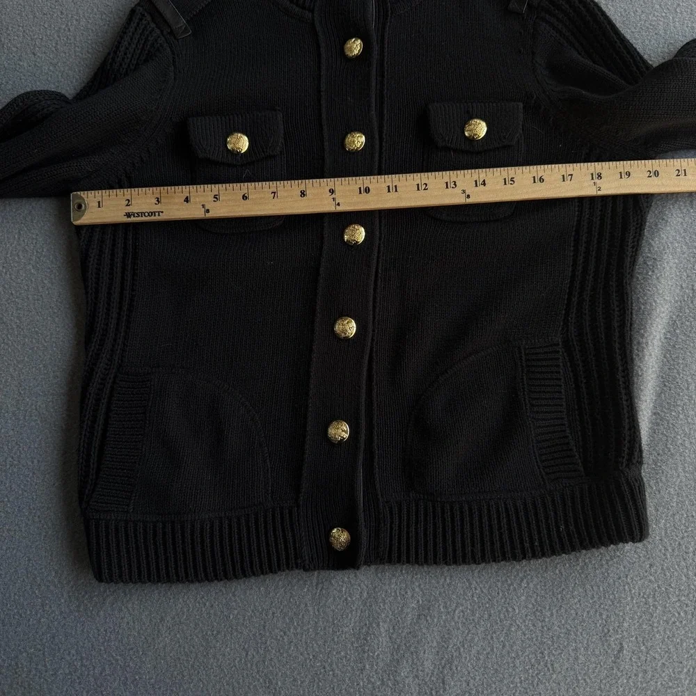 Lauren Ralph Lauren Cardigan Sweater Womens PL Black Military Gold Button Knit
